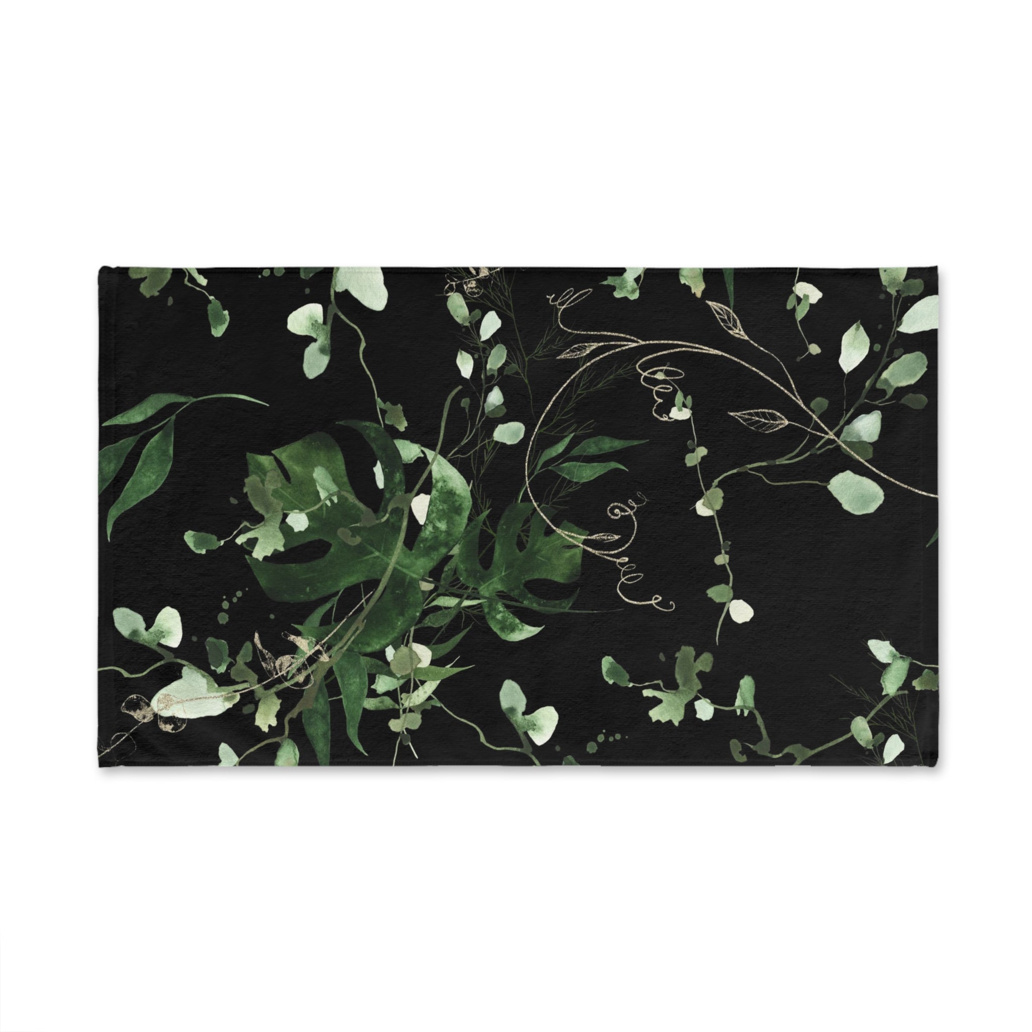 Floral Boho Kitchen, Bath Hand Towel | Jungle Black Monstera Sage Green Leaves