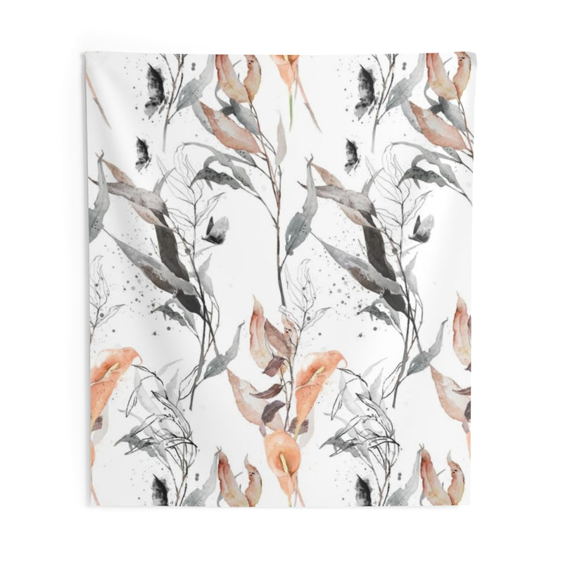 Floral Tapestry | Grey Salmon Pink White Leaves