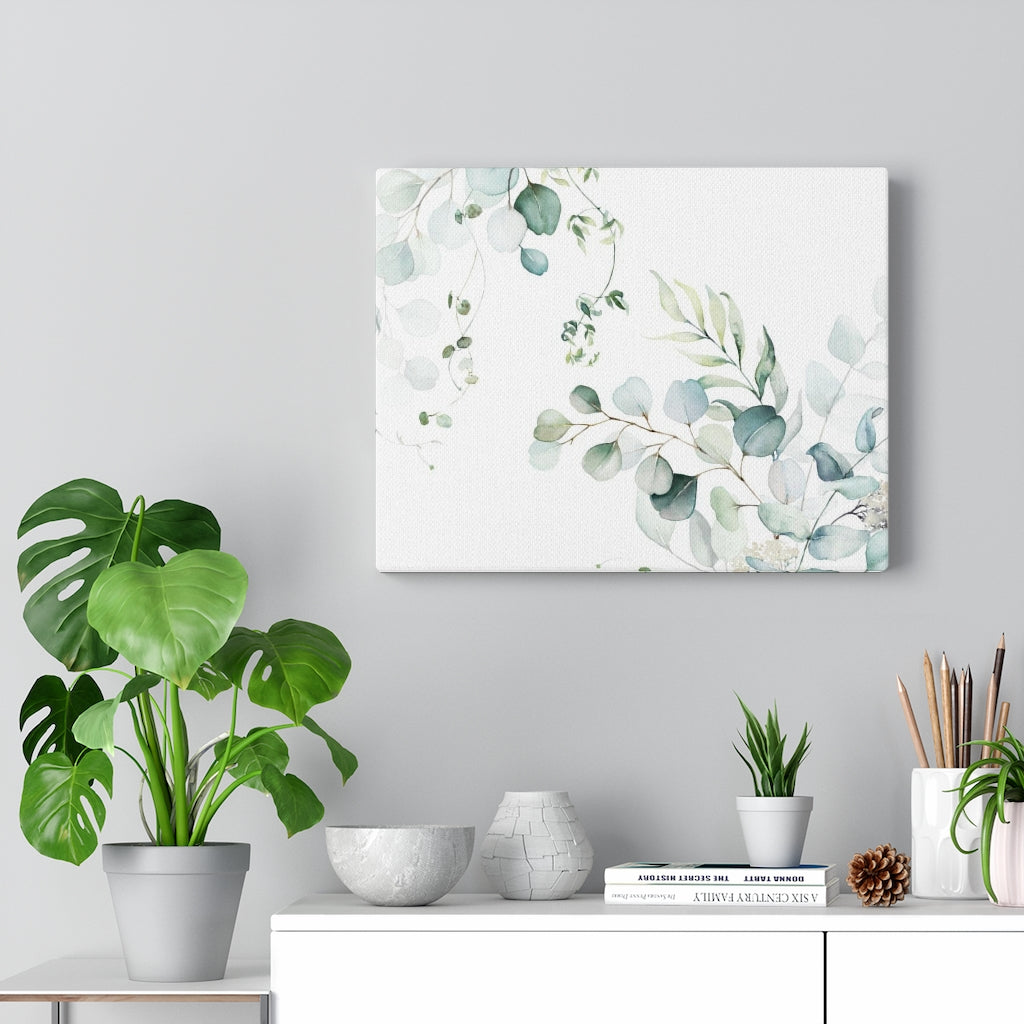 Floral Wall Canvas Art | White Green Eucalyptus Leaves