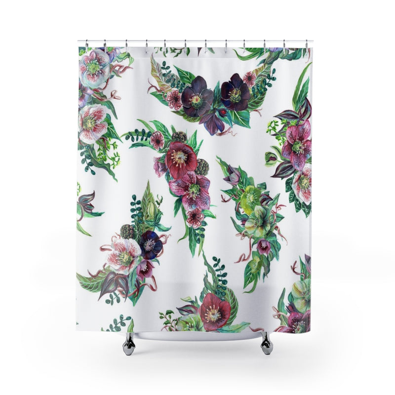 Boho Shower Curtain | White Green Red Purple Bouquets