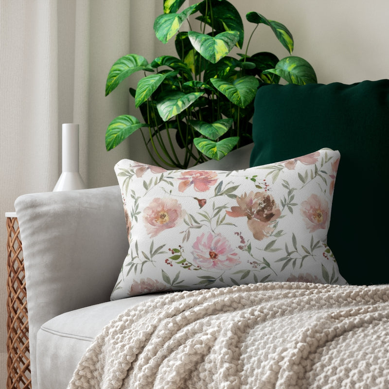 Floral Boho Lumbar Pillow | Beige Pastel Pink Peonies