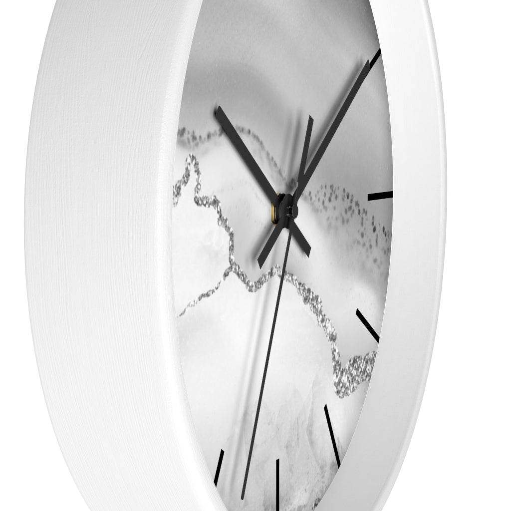 Marble Print, Wood,  Wall Clock, Gray Silver 10"