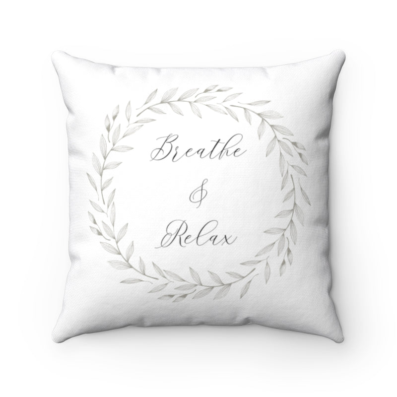 With Saying Pillow Cover | White Gold Leaves | Breathe & Relax