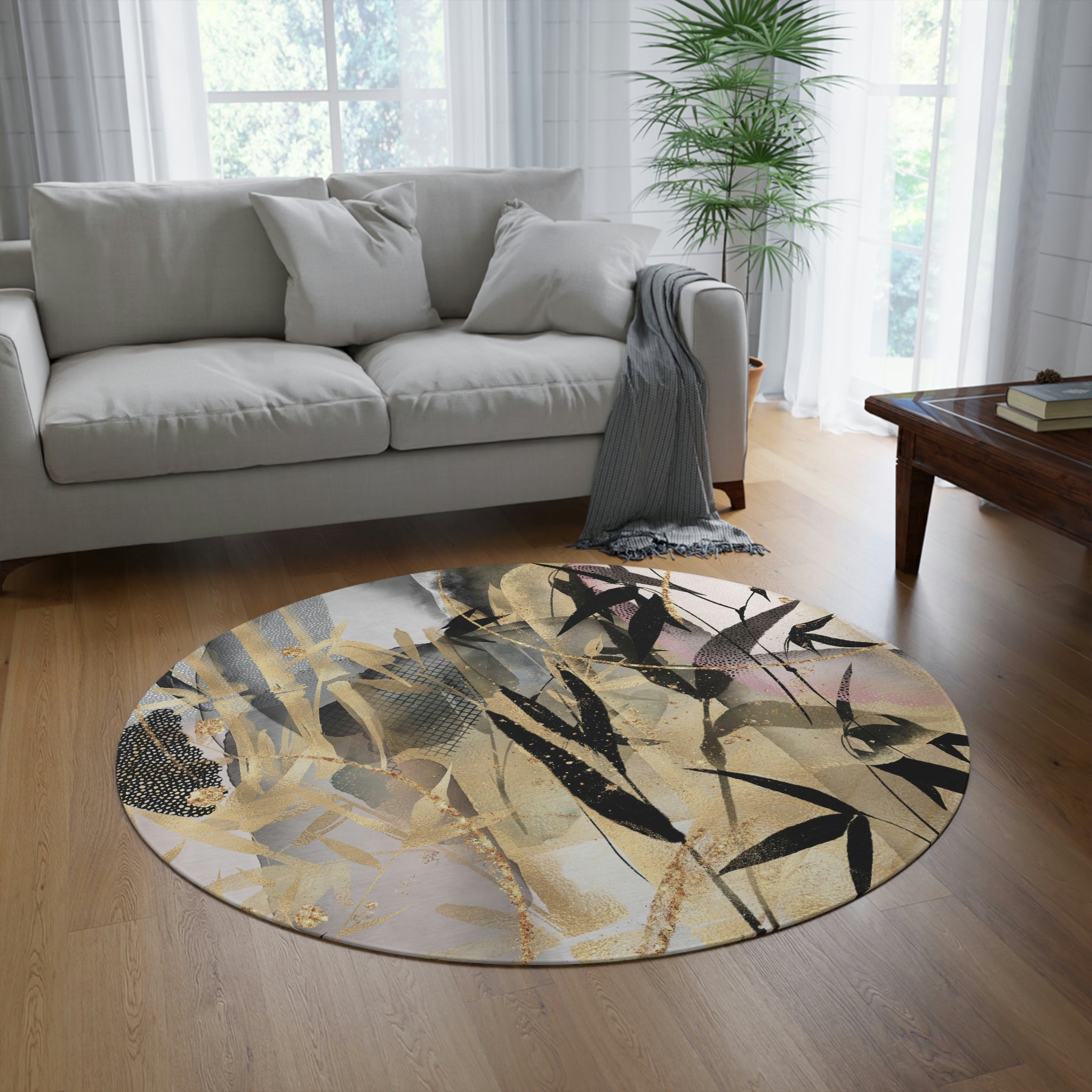 Round Area Rug | Gold Bamboo Floral