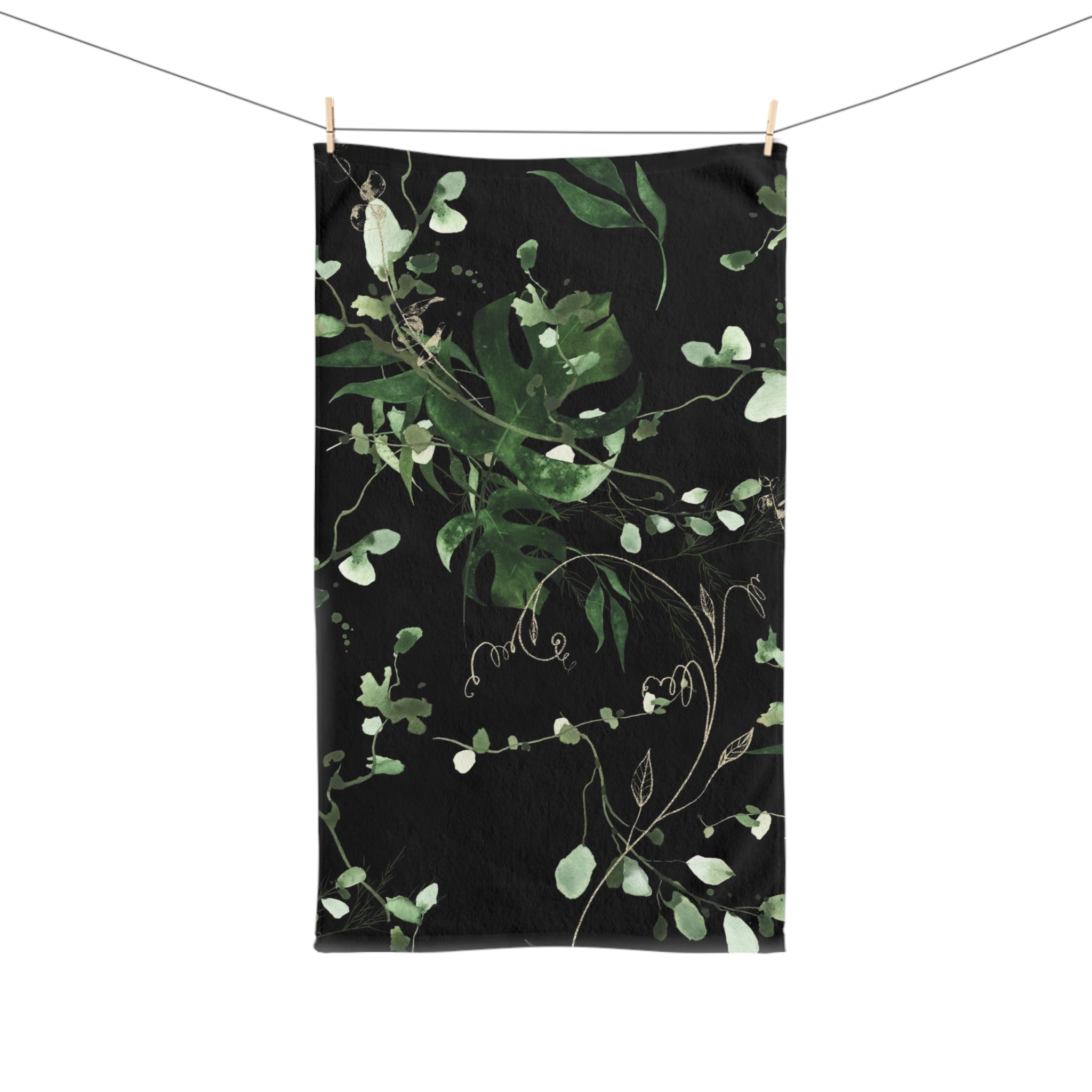 Floral Boho Kitchen, Bath Hand Towel | Jungle Black Monstera Sage Green Leaves