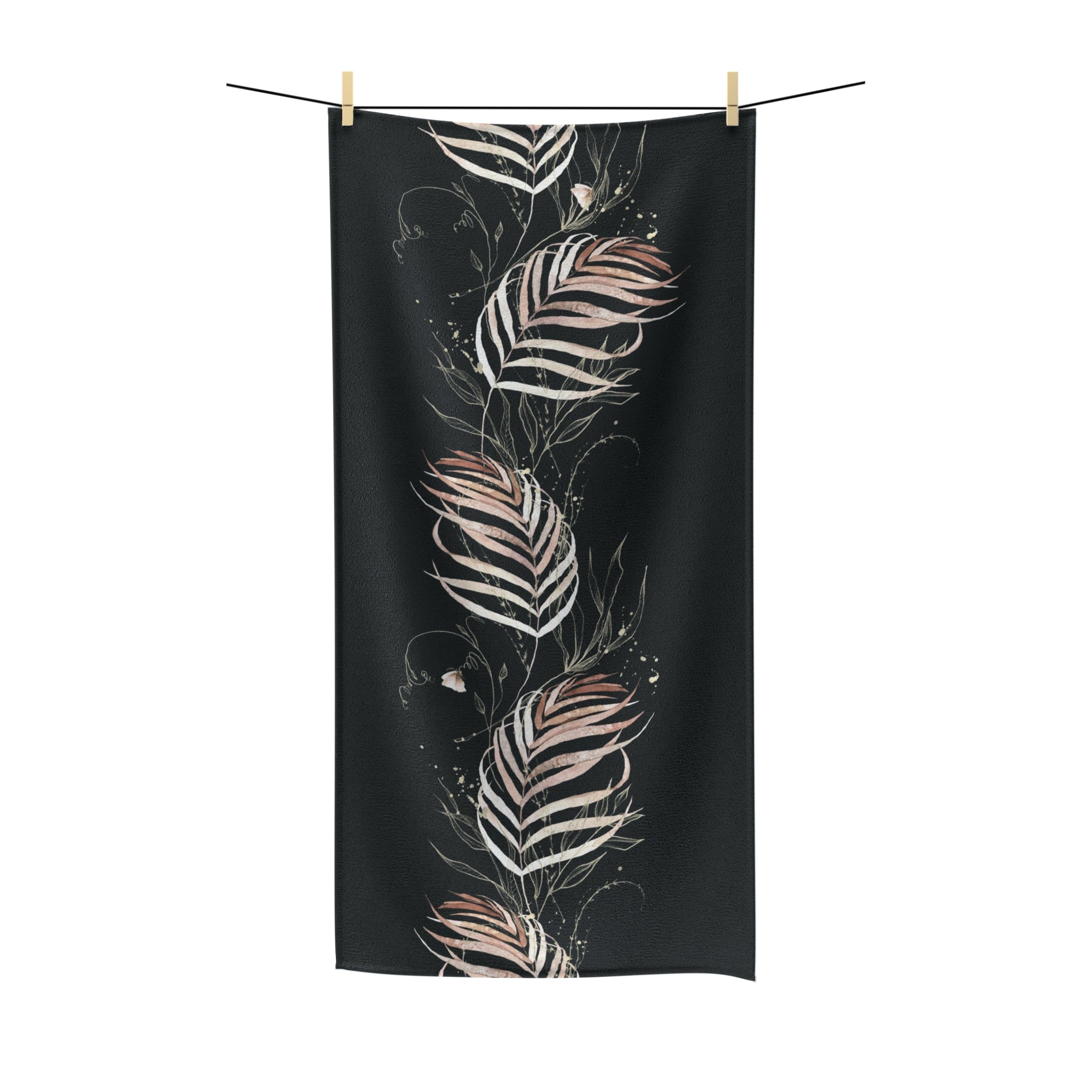 Floral Boho Bath Beach Towel | Jungle Black Monstera Beige Brown Leaves