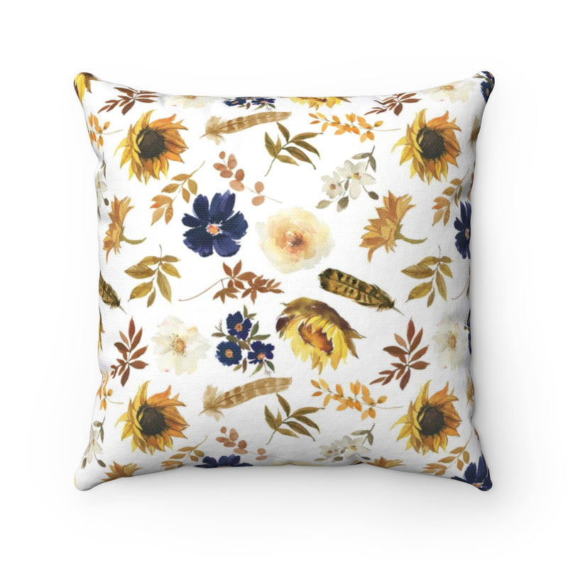 Floral Boho Pillow Cover | White Navy Blue Yellow Sunflower Peach Roses