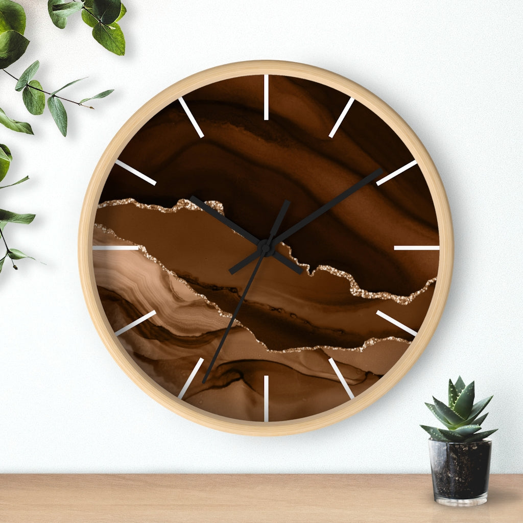 Marble Print, Wood,  Wall Clock, Beige Brown 10"