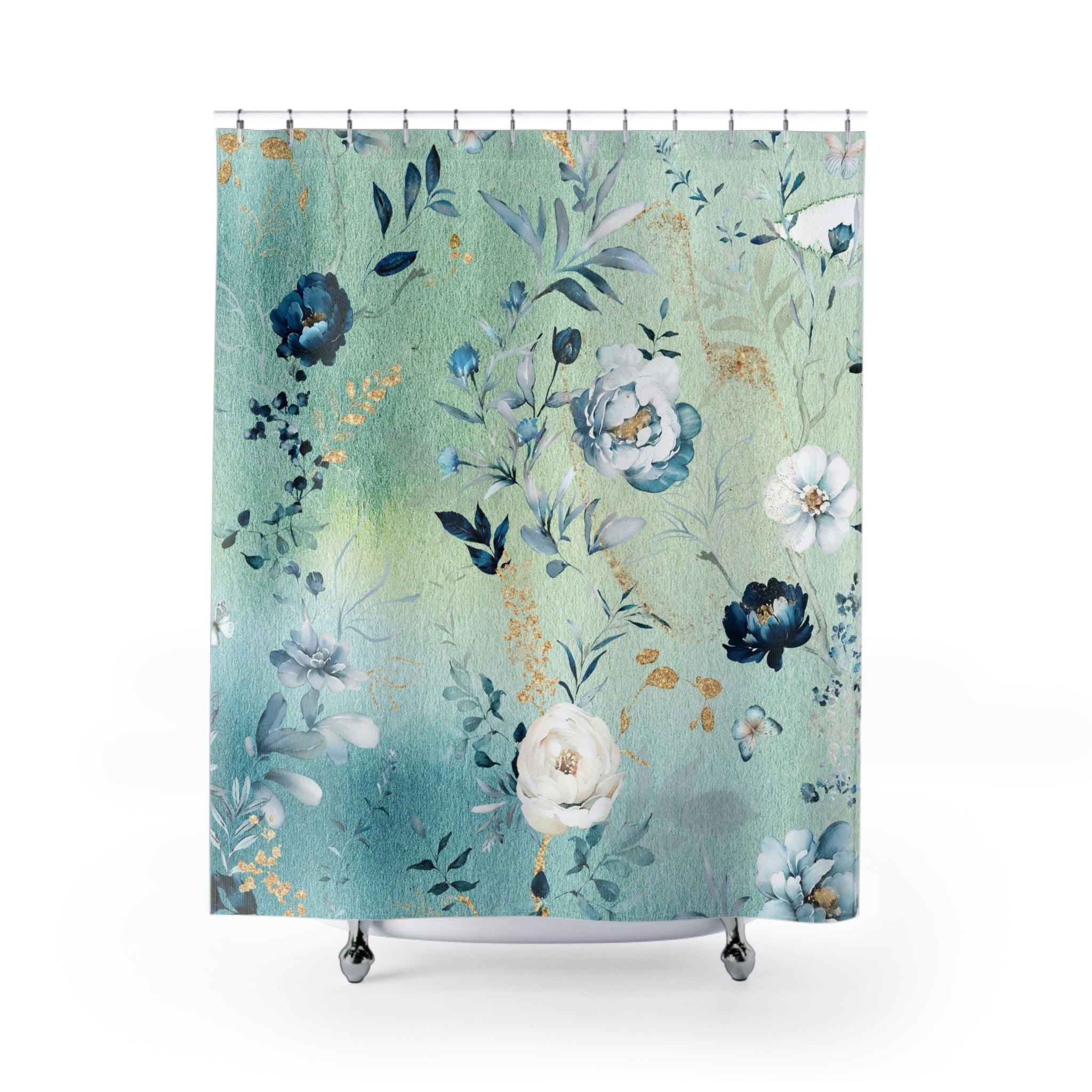 boho floral shower curtain | Mint Teal Green Blue Peonies