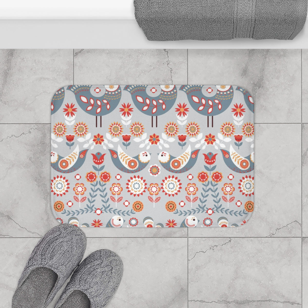 Christmas Bath Mat | Gray Blue White Nordic Folk Birds