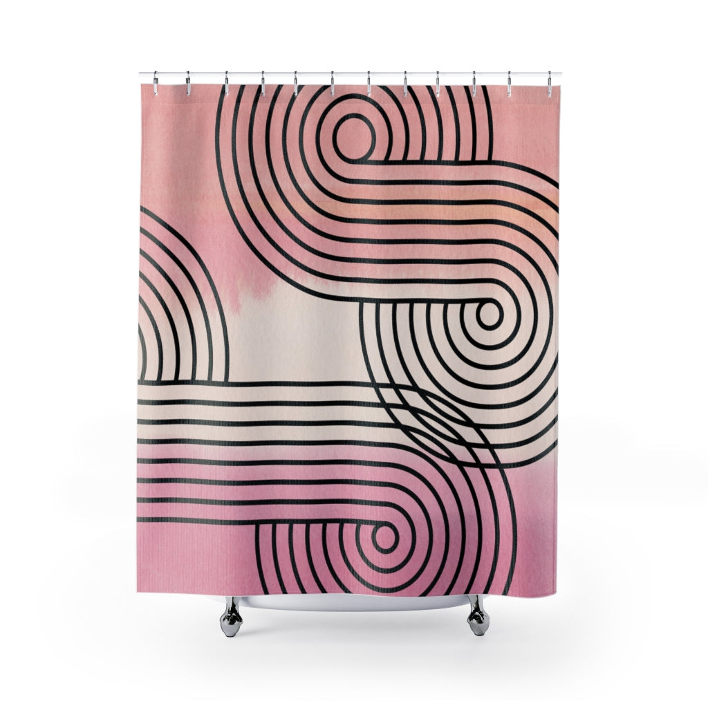 a shower curtain with a pink and black swirl design