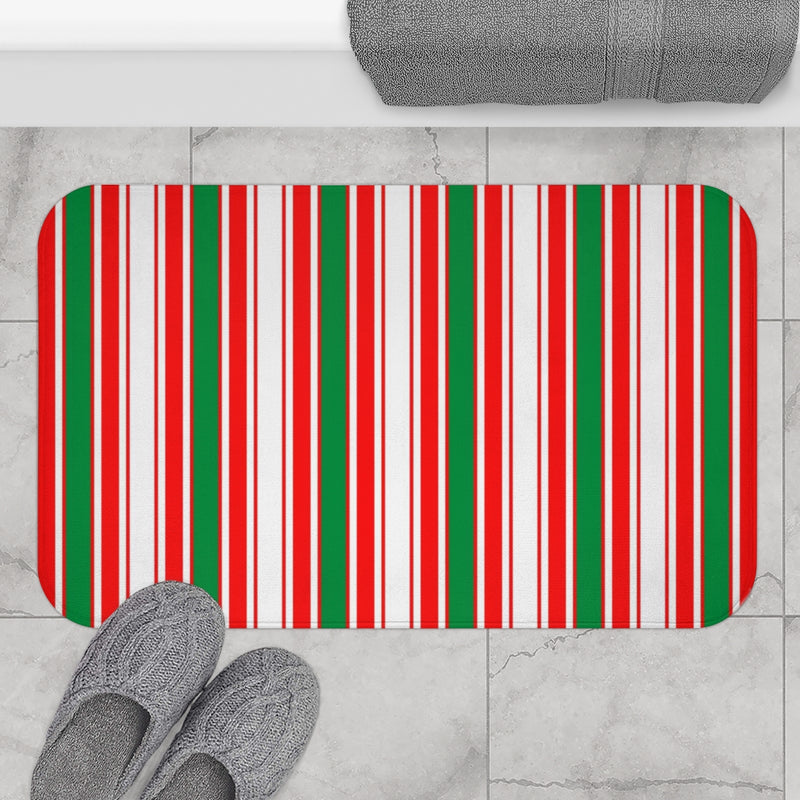 Christmas Bath Mat | Red Green White Vertical Stripes