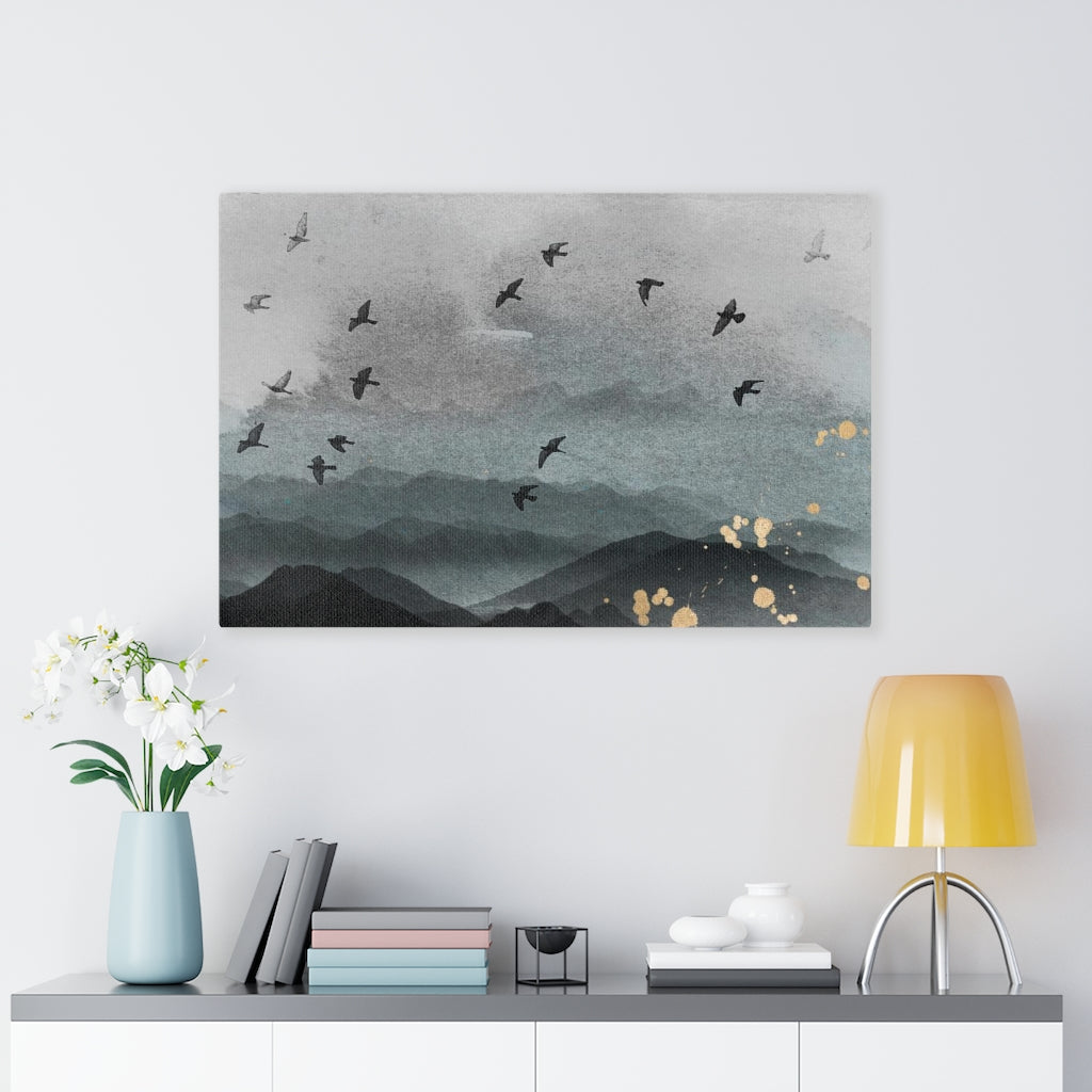 WHIMSICAL WALL CANVAS ART | Grey Blue Ombre Gold Birds