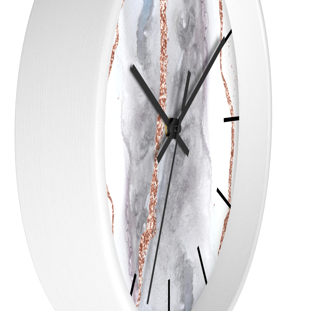 Marble Print, Wood,  Wall Clock, Gray Gold 10"