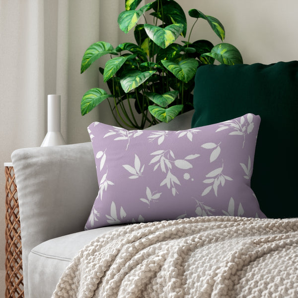 boho accent throw pillow for couch and bed. rectangle stuffed pillow. Floral Boho Lumbar Pillow Purple White Leaves