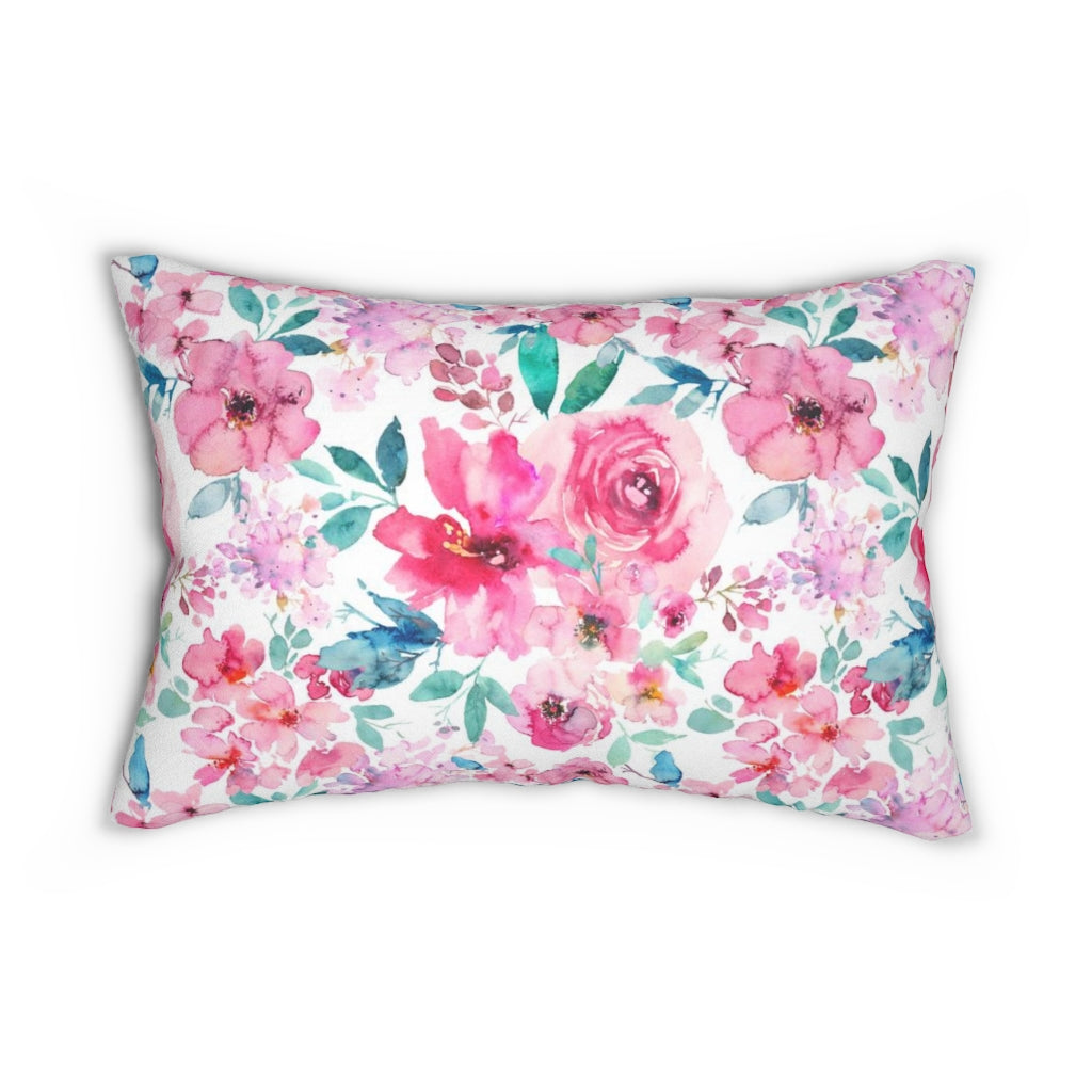 Floral Boho Lumbar Pillow | Pastel Pink Teal Roses