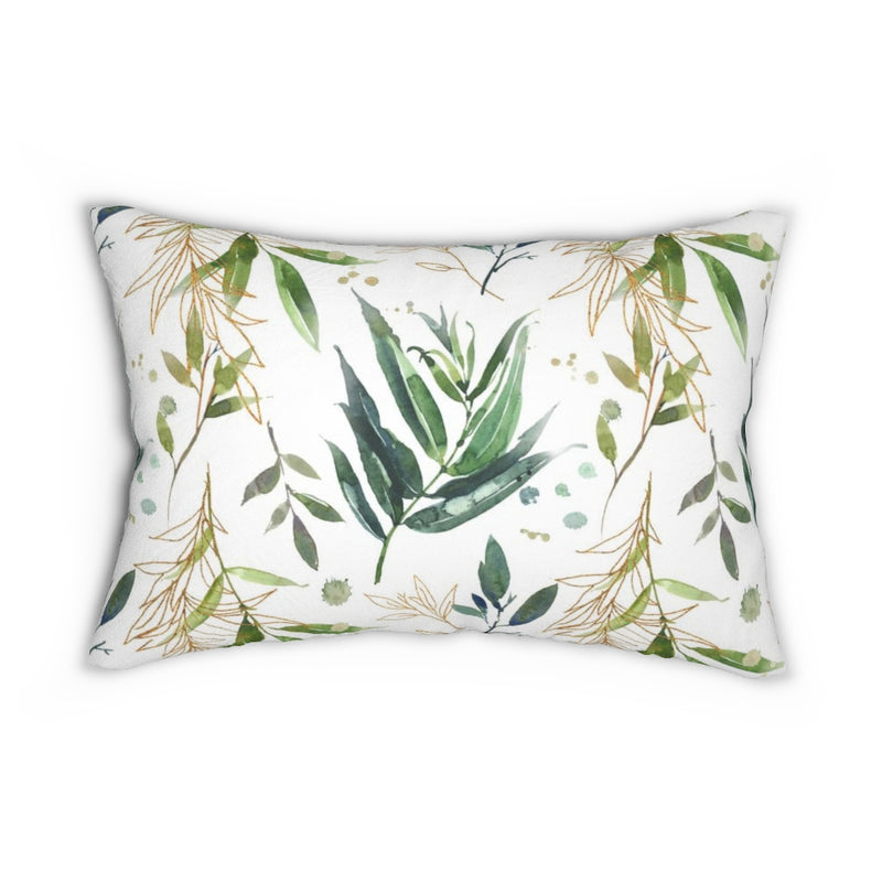 Floral Boho Lumbar Pillow | Green Gold Leaves