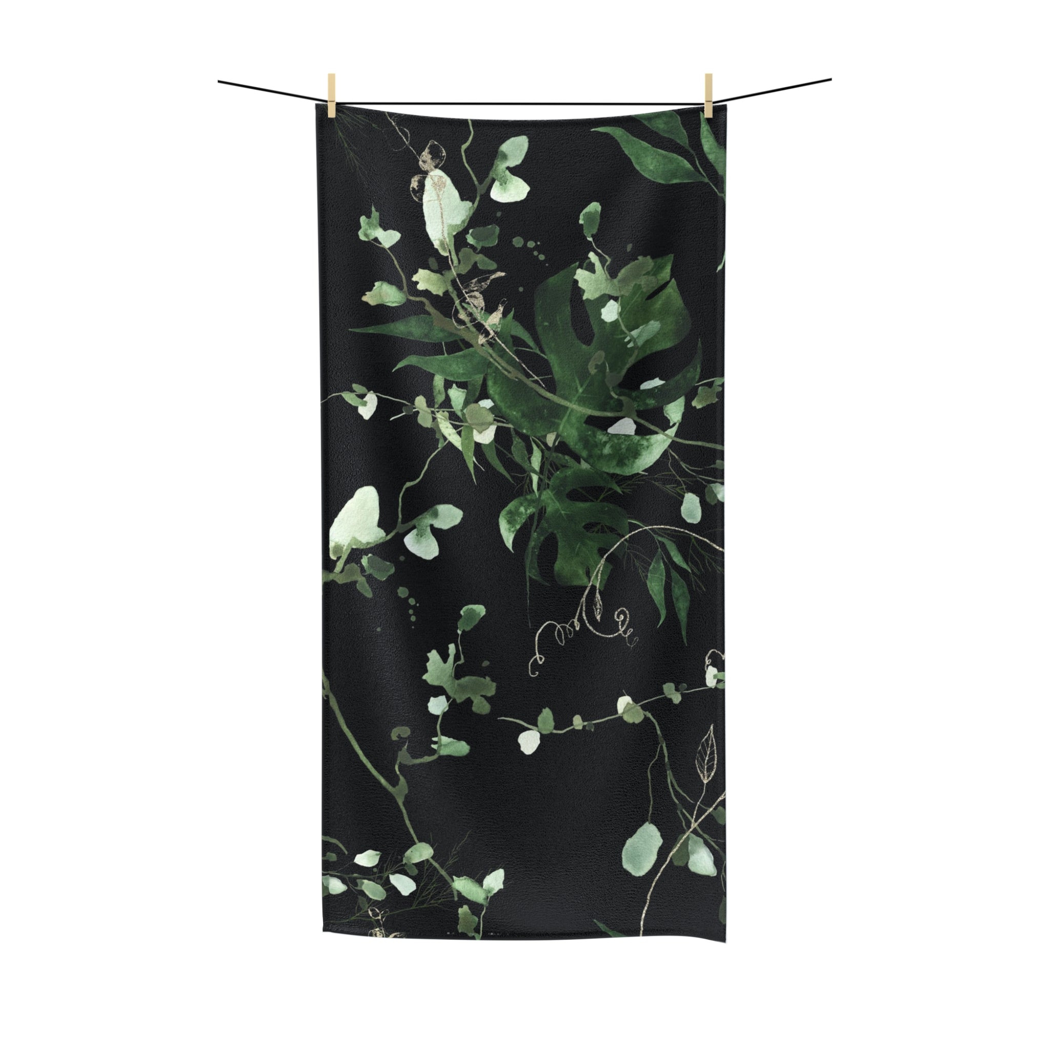 Floral Boho Bath Beach Towel | Jungle Black Monstera Sage Green Leaves