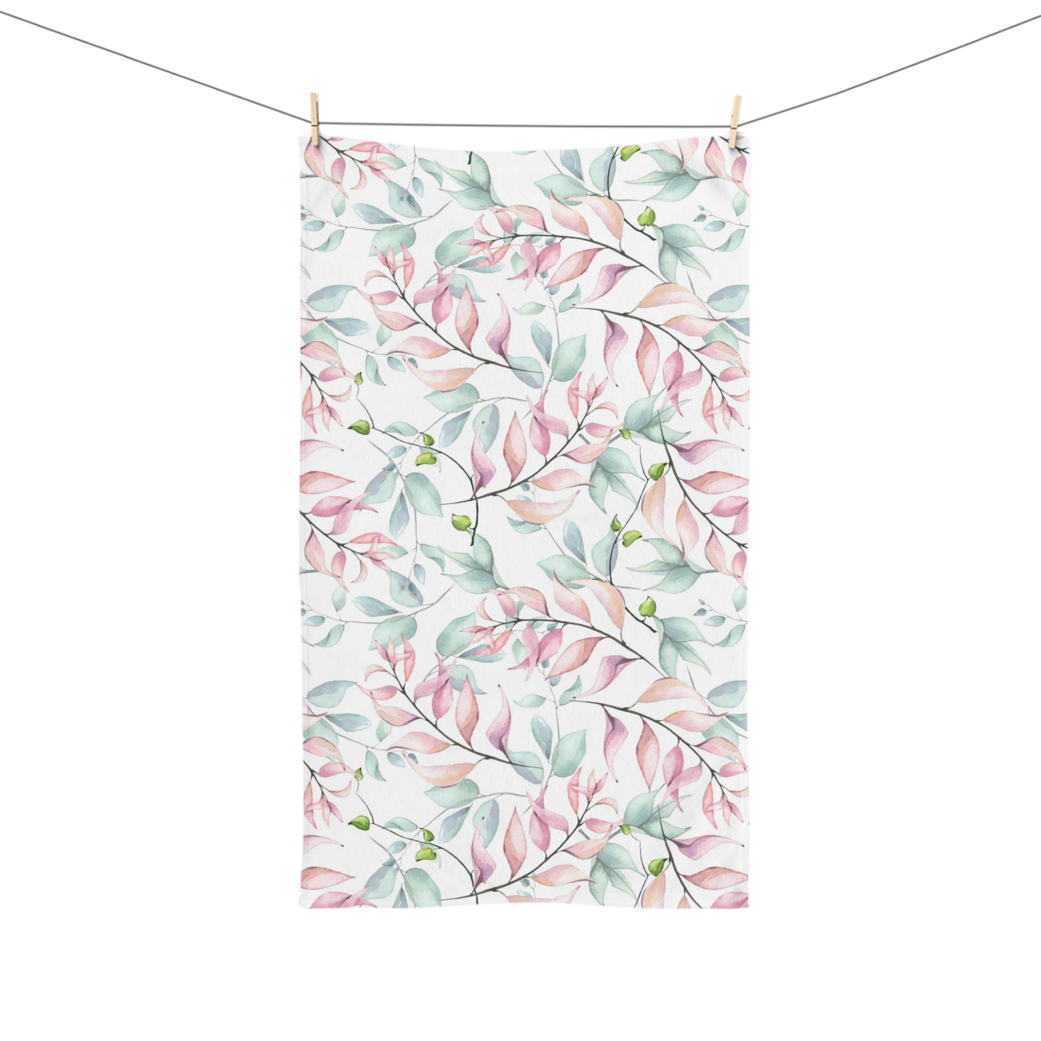 Floral Boho Kitchen, Bath Hand Towel | Pastel Sage Teal Green, Blush Pink