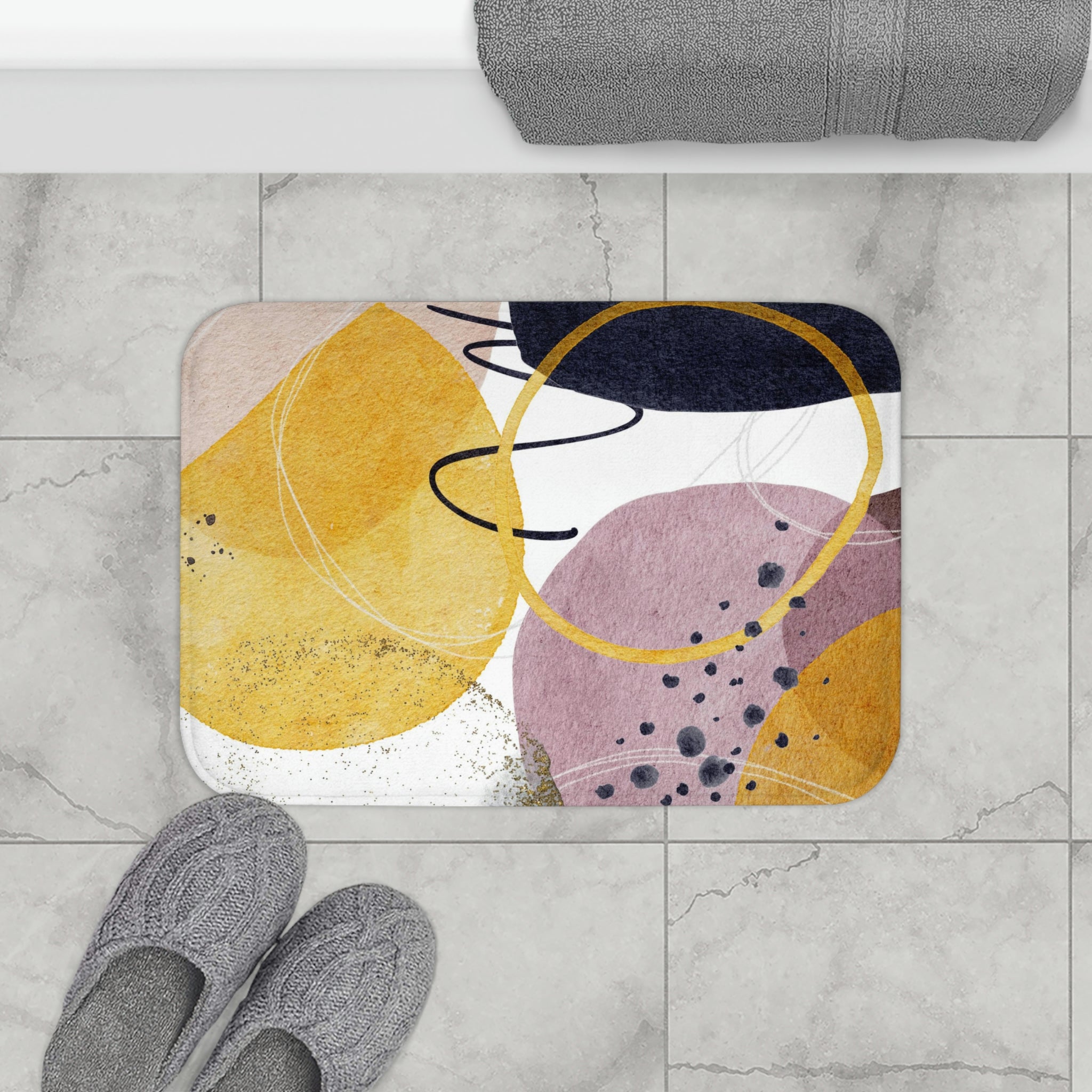 Boho Abstract Bath, Kitchen Mat | Navy Blue Yellow Pink