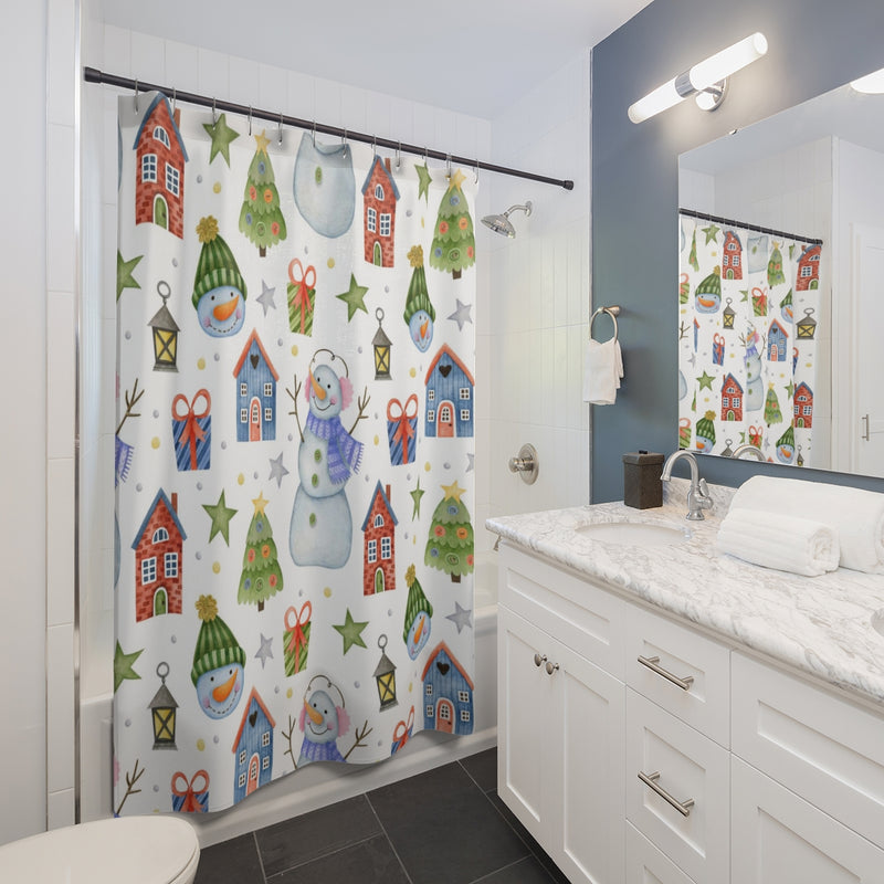 Christmas Shower Curtain | White Blue Snowman Winter Home
