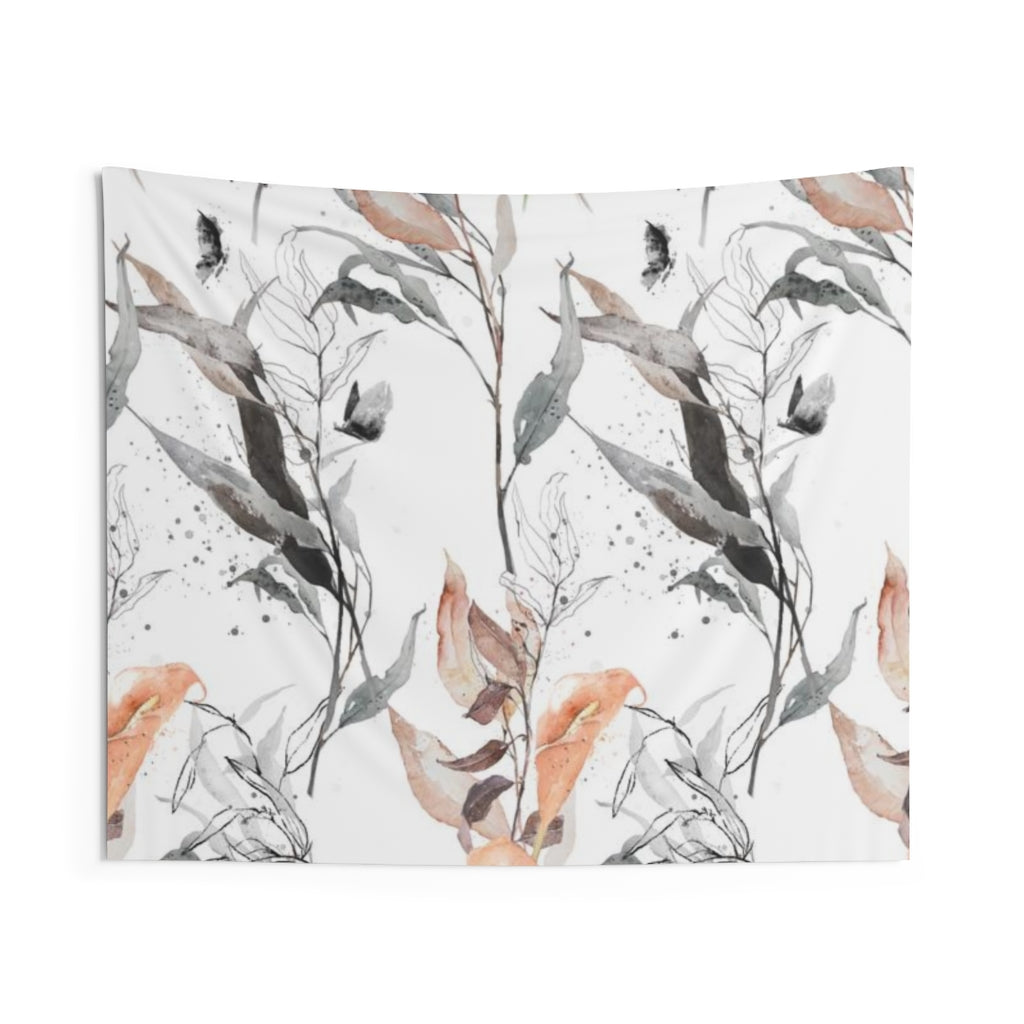 Floral Tapestry | Grey Salmon Pink White Leaves