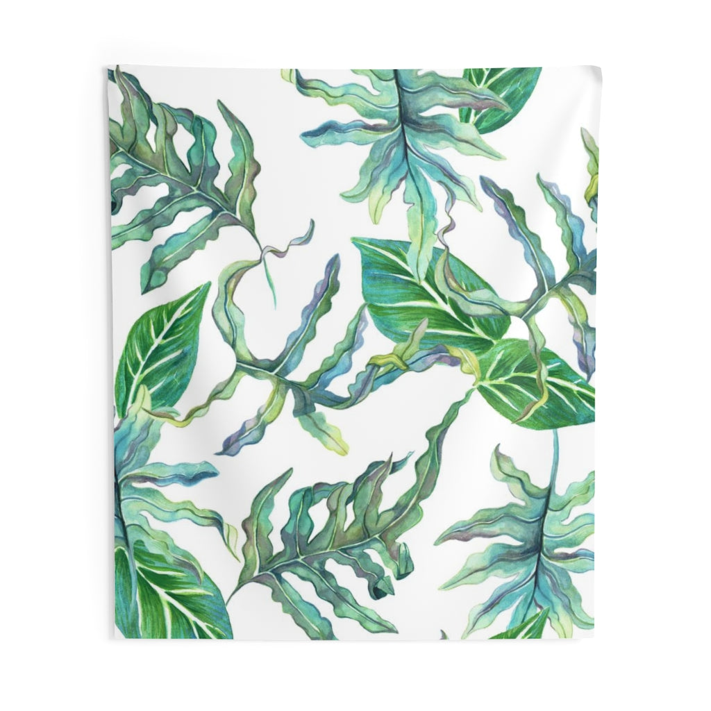 Floral Tapestry | White Green Tropical Leaves