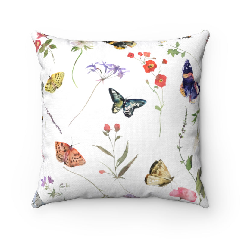 Floral Boho Pillow Cover | Butterflies Colorful Pink Red Green White
