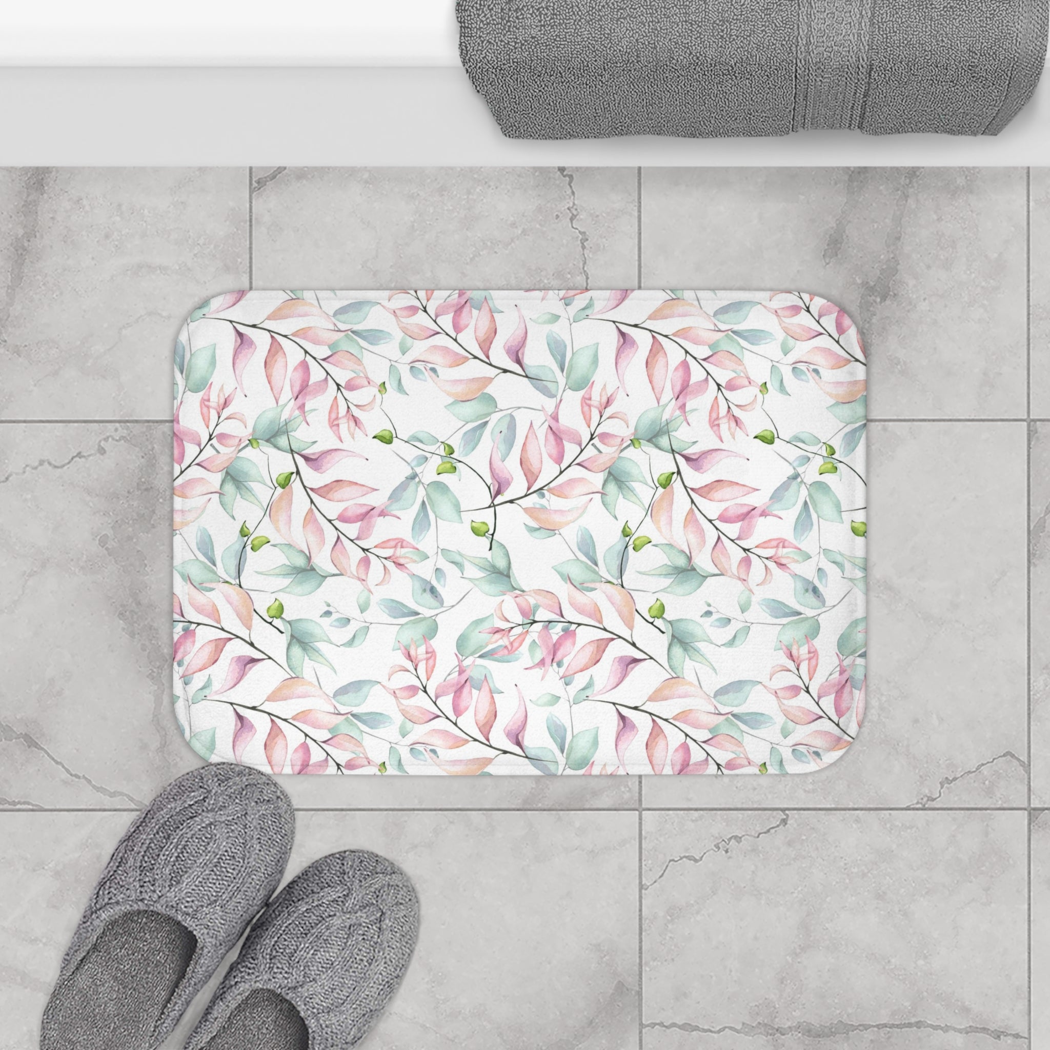 Floral Boho Bath, Kitchen Mat, Rug | Pastel Sage Green, Blush Pink