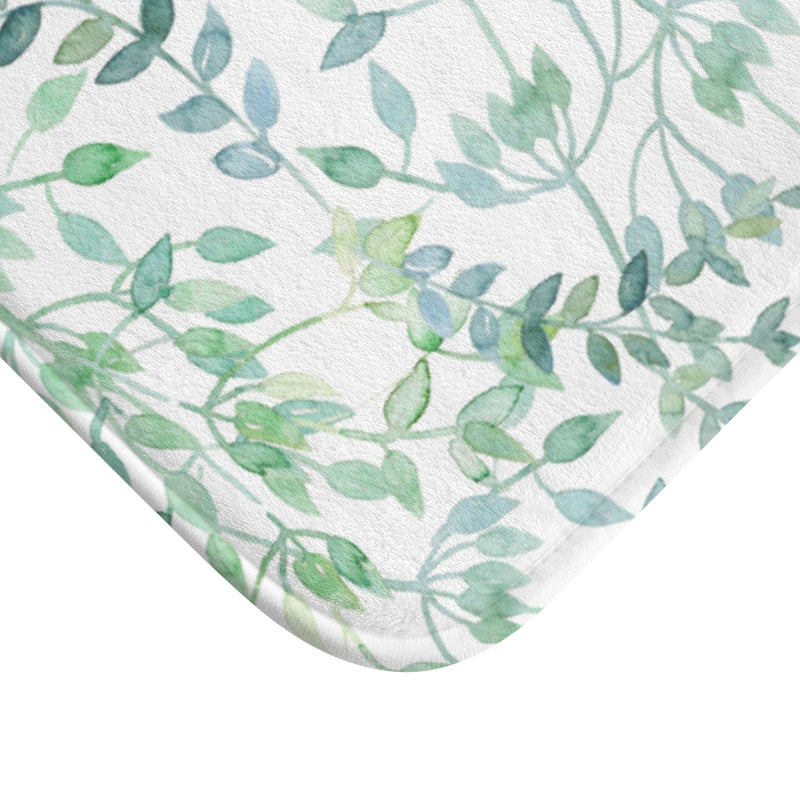 floral bath, kitchen mat | white green teal leaves
