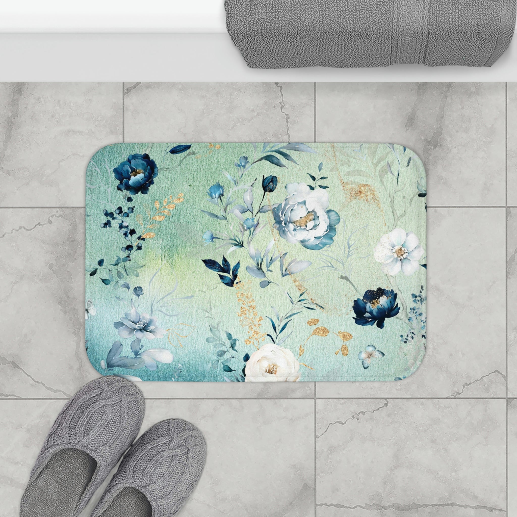 Boho Bath, Kitchen Mat | Mint Teal Green Blue Peonies