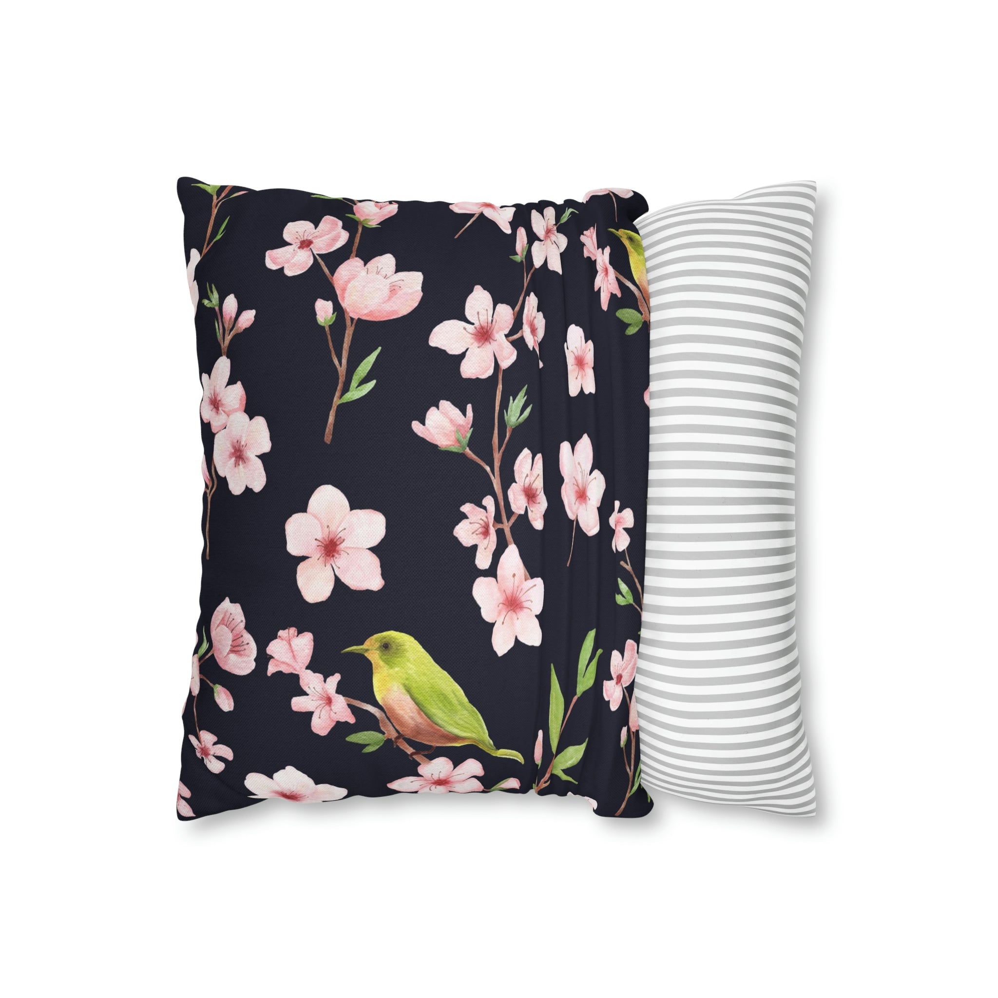 Floral Boho Pillow Cover | Pink Sakura, Green Bird, Black