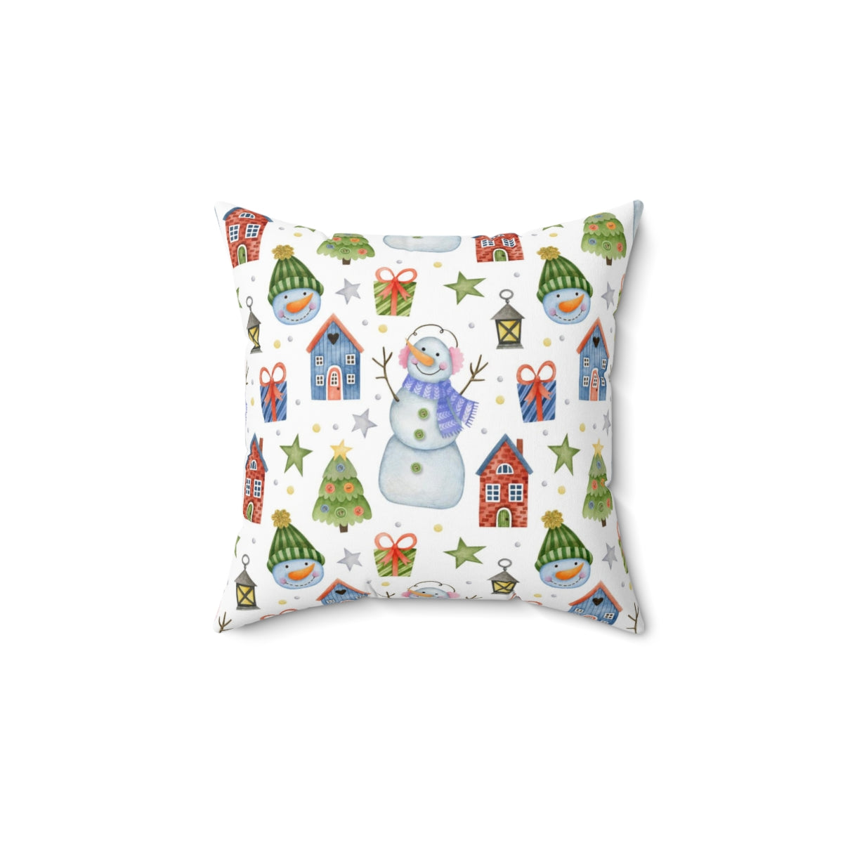 Christmas Square Pillow Cover | White Blue Snowman Festive Trees