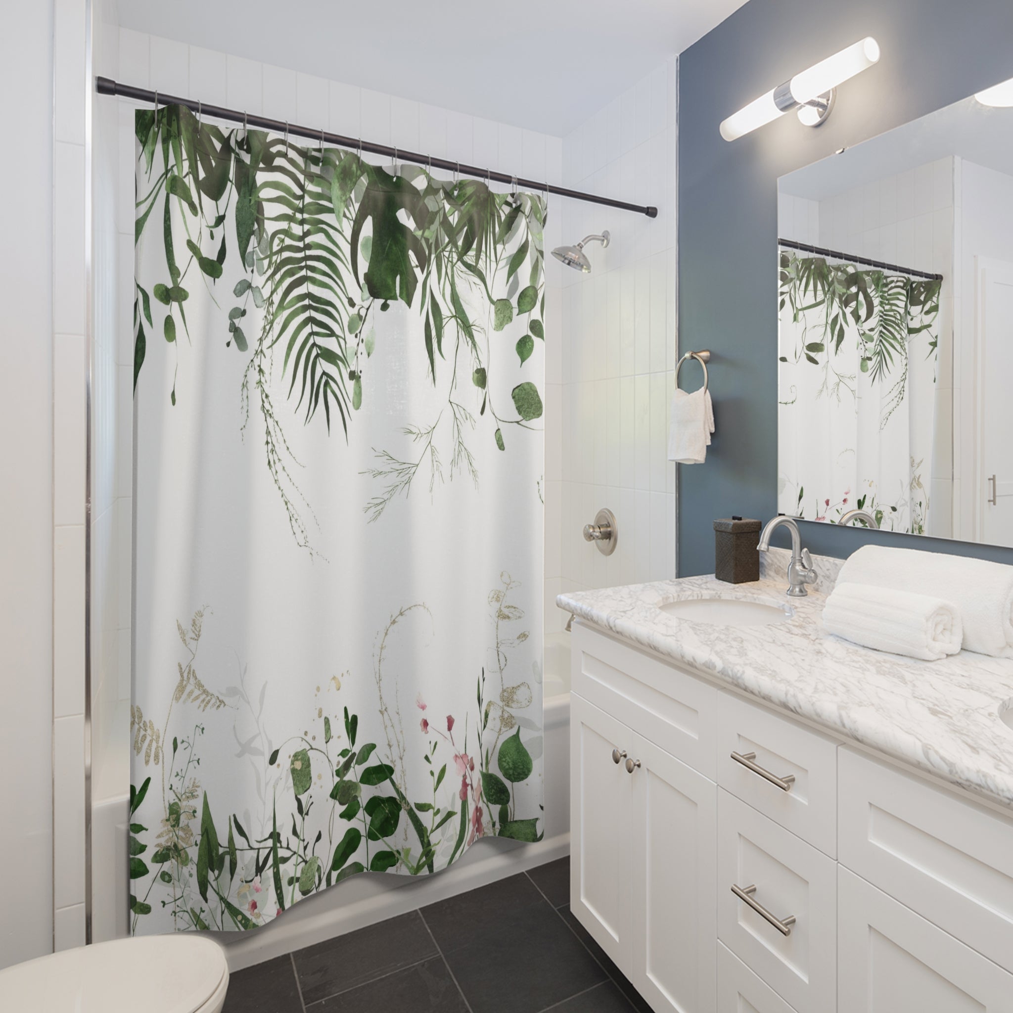 Floral Boho Shower Curtain | White Green Monstera Jungle Leaves