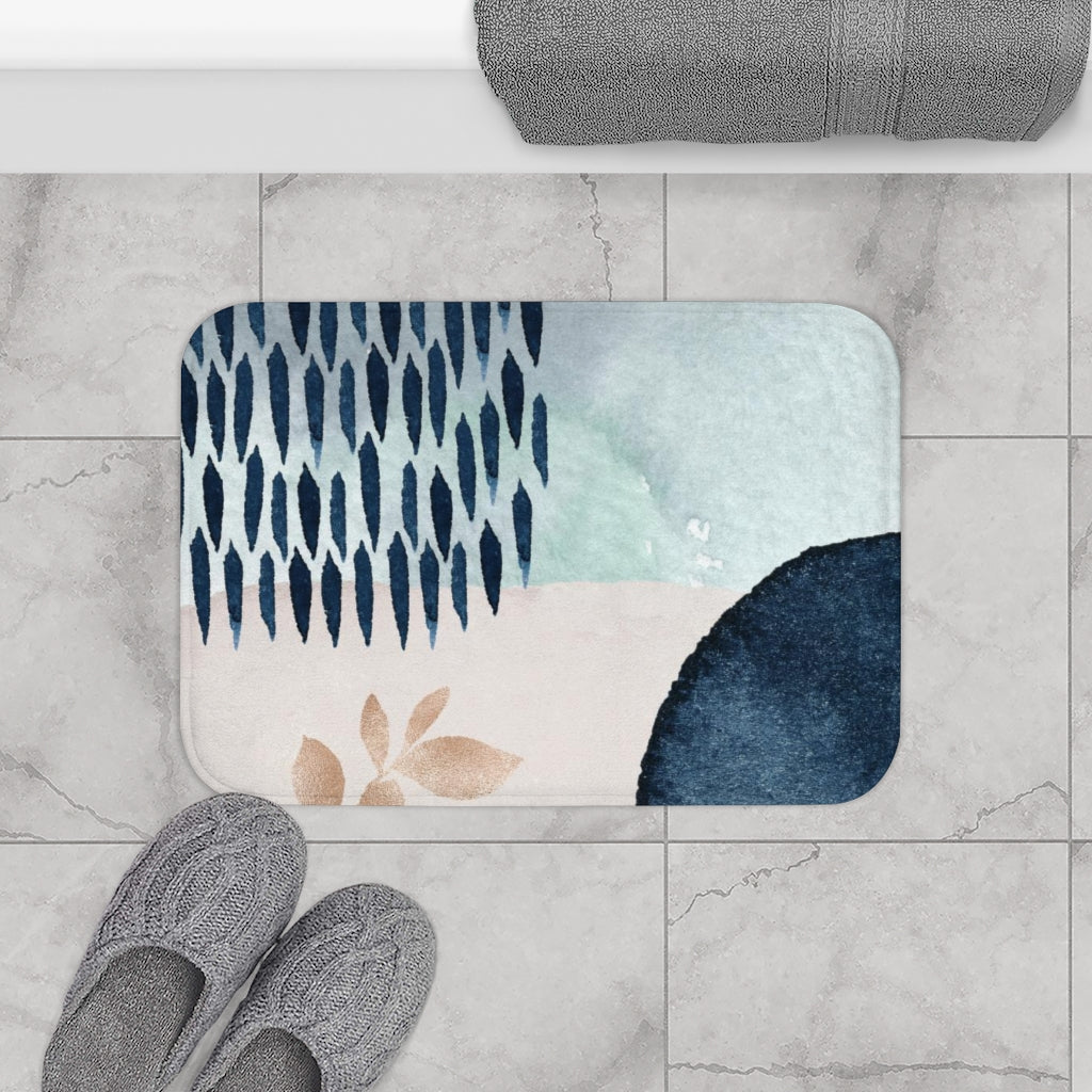 Abstract Boho Bath Mat | Cream Navy Blue Teal