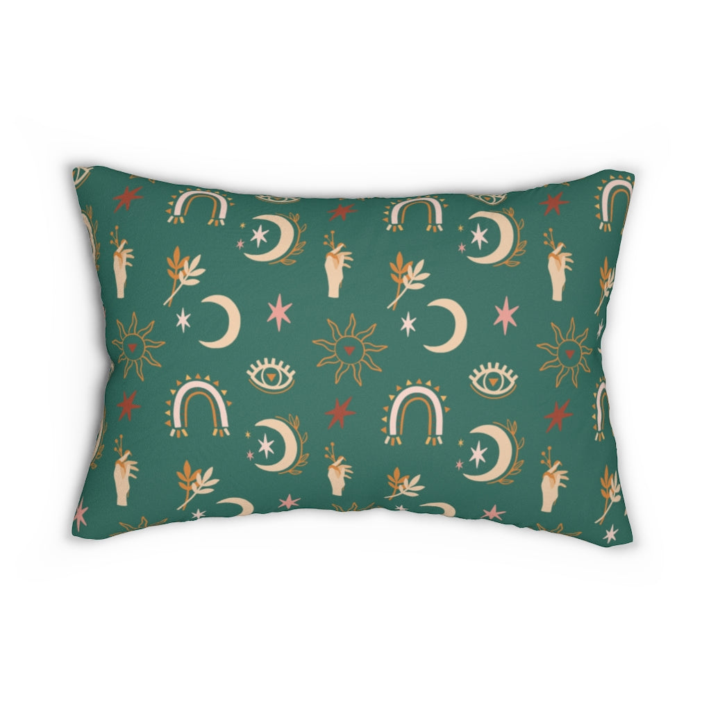 Mystical Boho Lumbar Pillow | Green Gold Moon