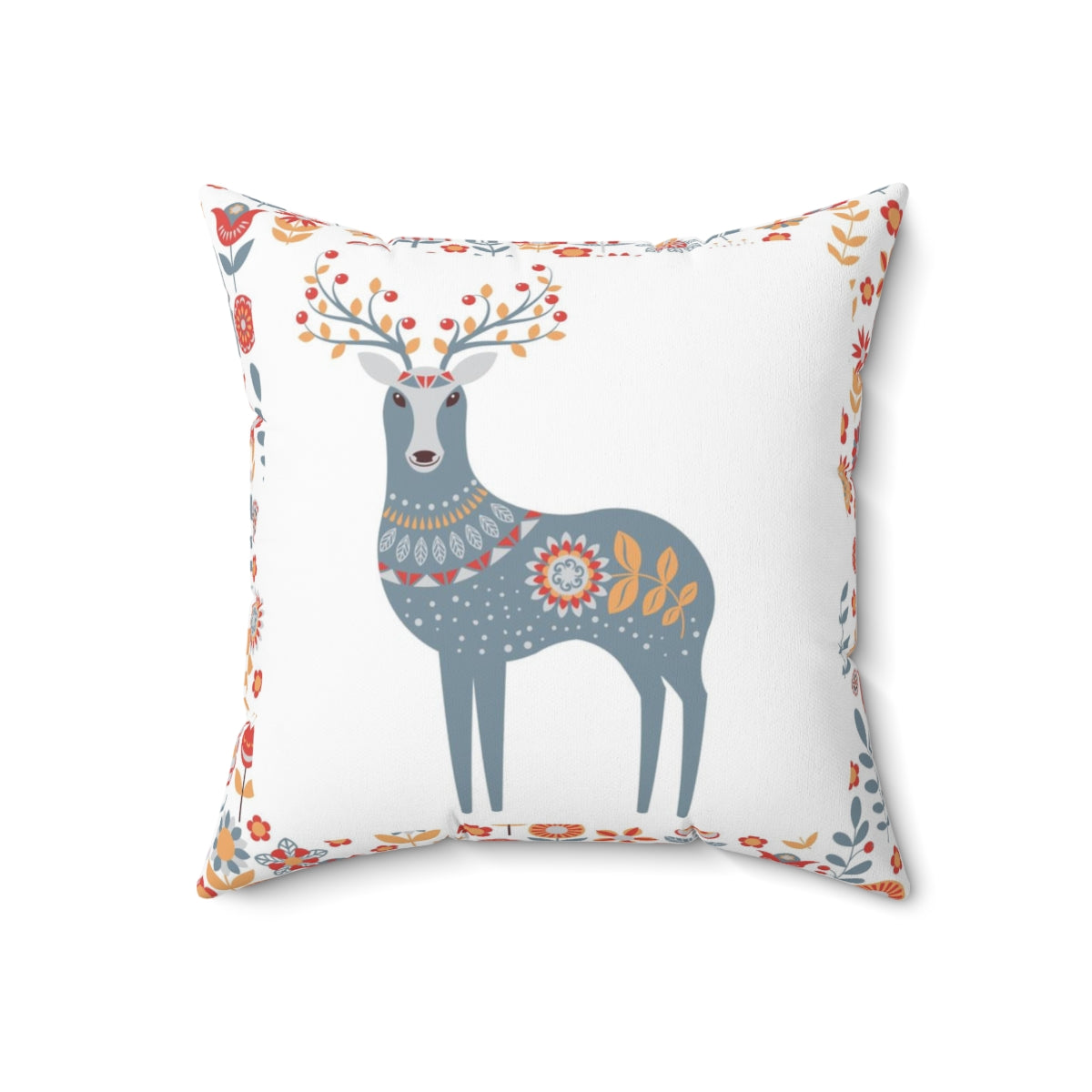 Scandi Nordic Boho Square Pillow Cover | White Blue Raindeer Floral