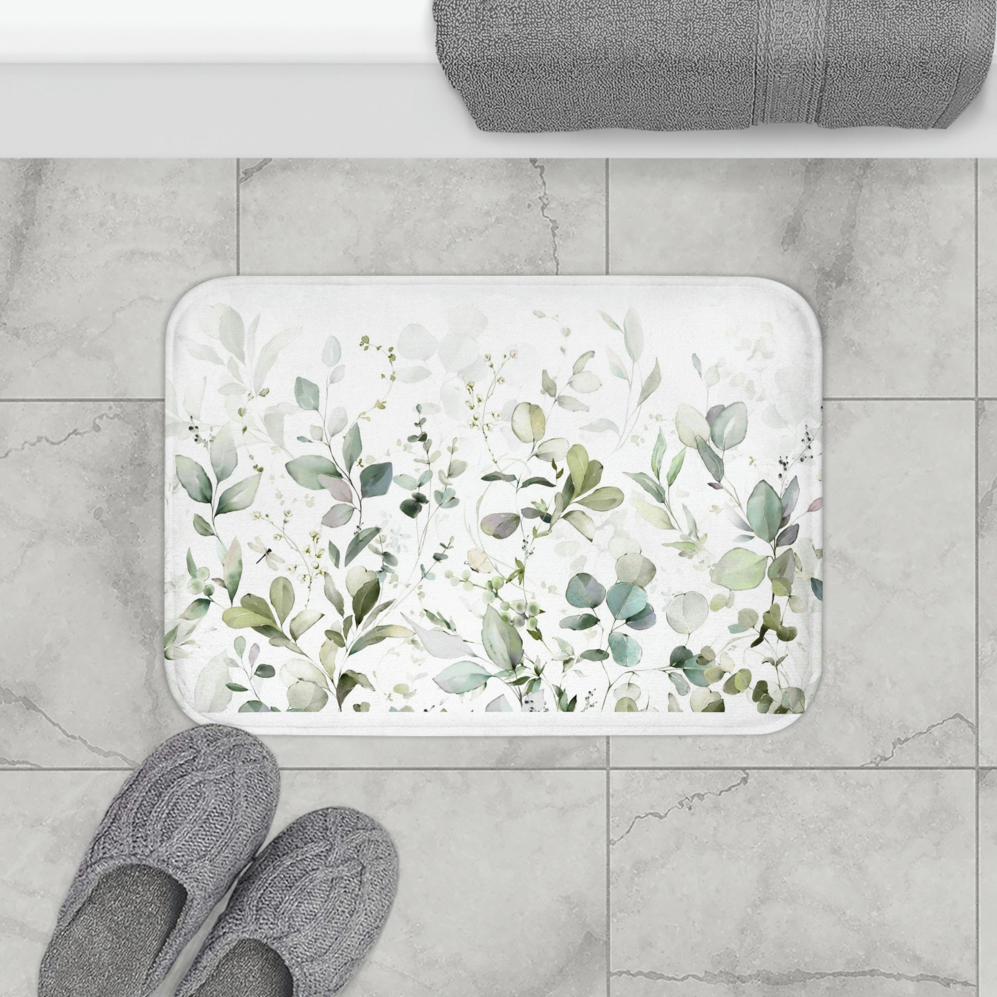 Boho Bath, Kitchen Mat | Floral Eucalyptus Sage Green White