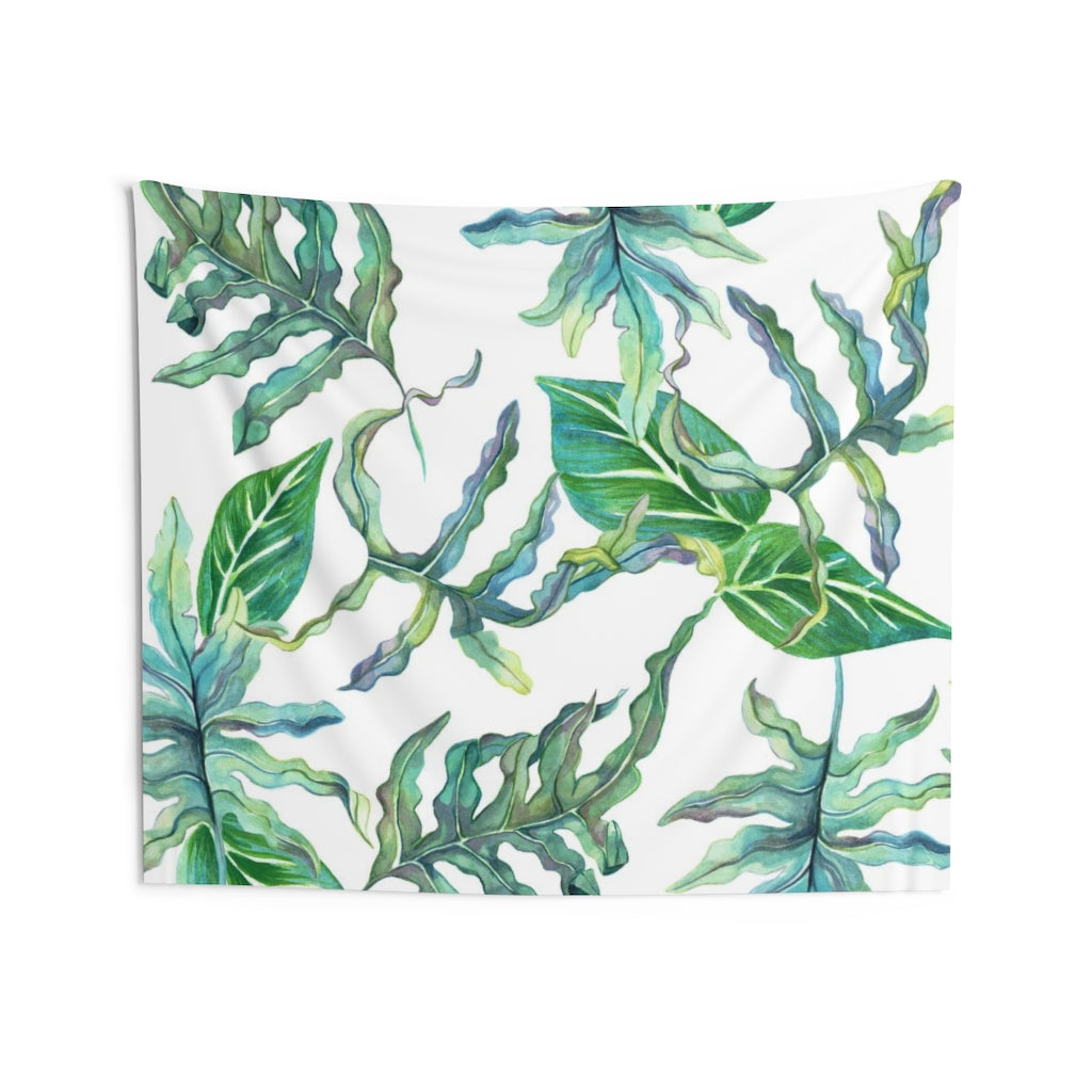 Floral Tapestry | White Green Tropical Leaves