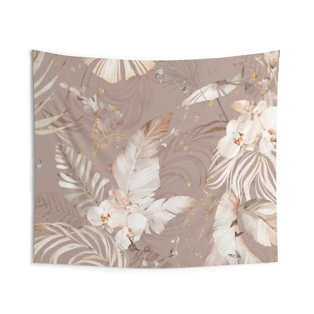 Floral Tapestry | Beige Cream Gold Tropical Leaves