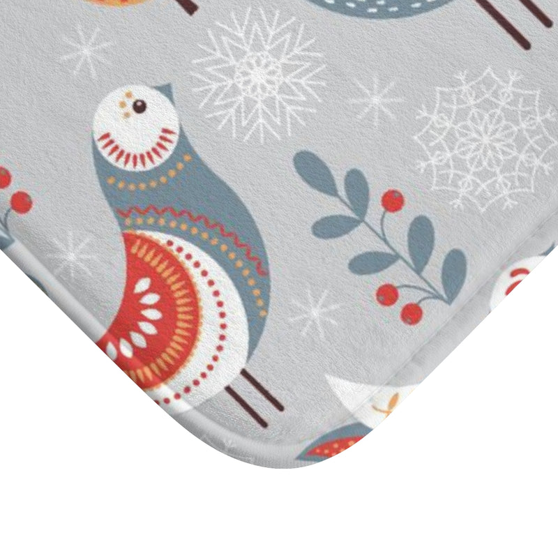 Christmas Bath Mat | Gray Blue White Nordic Folk Birds