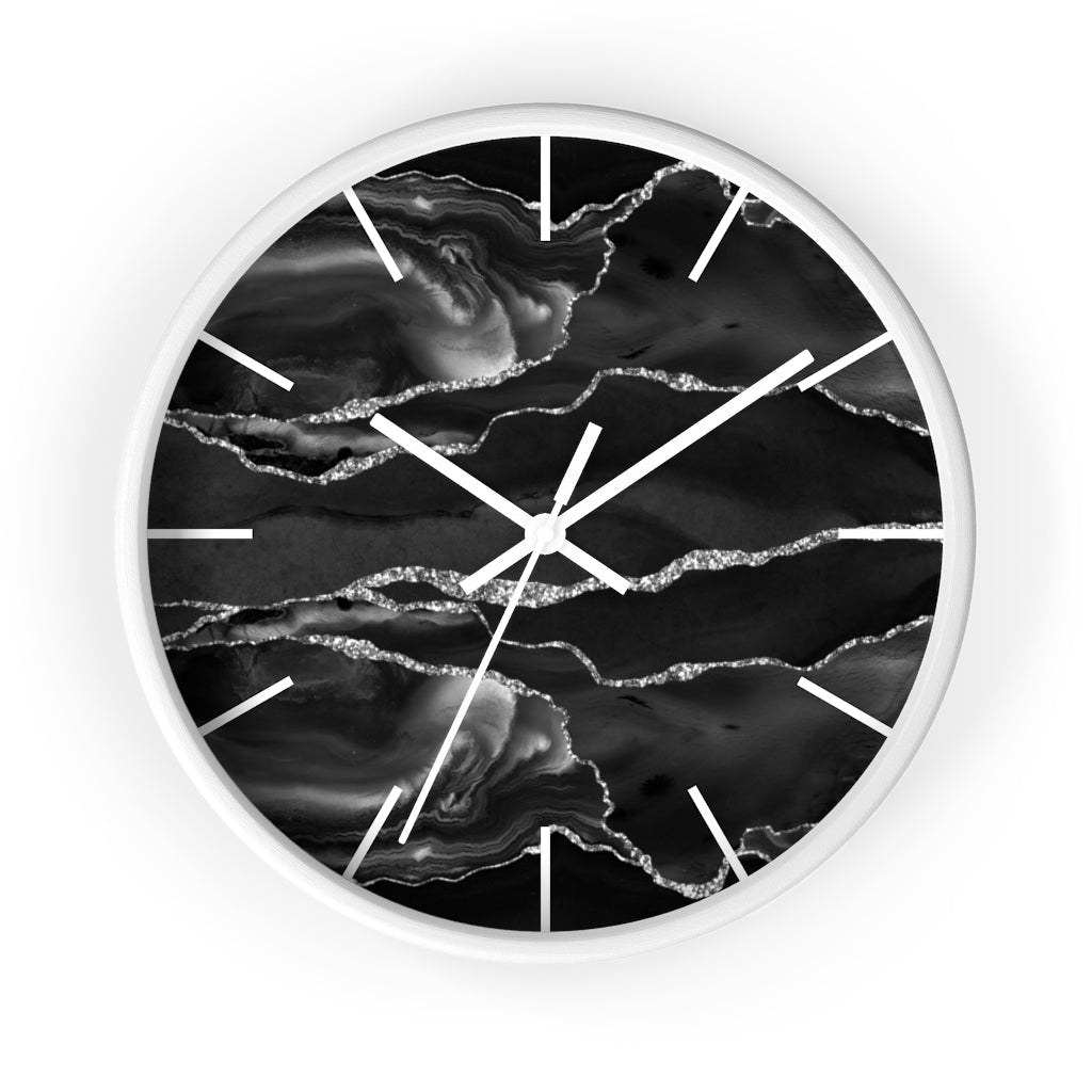 Marble Print, Wood,  Wall Clock, Black Silver 10"