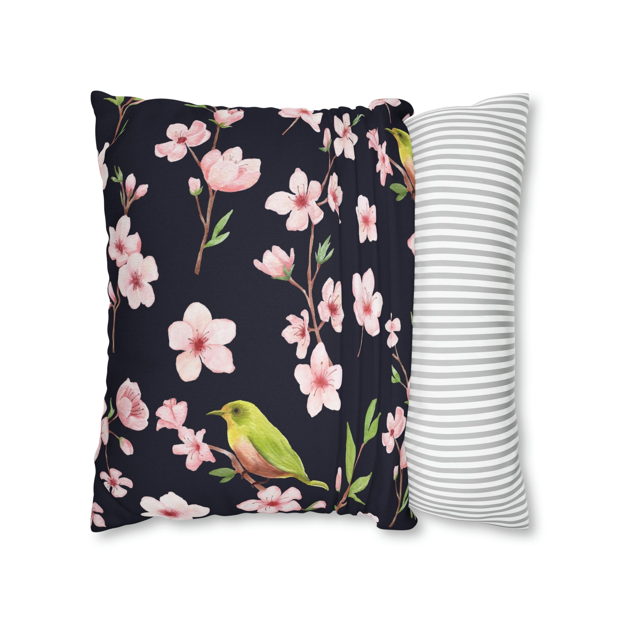 Floral Boho Pillow Cover | Pink Sakura, Green Bird, Black