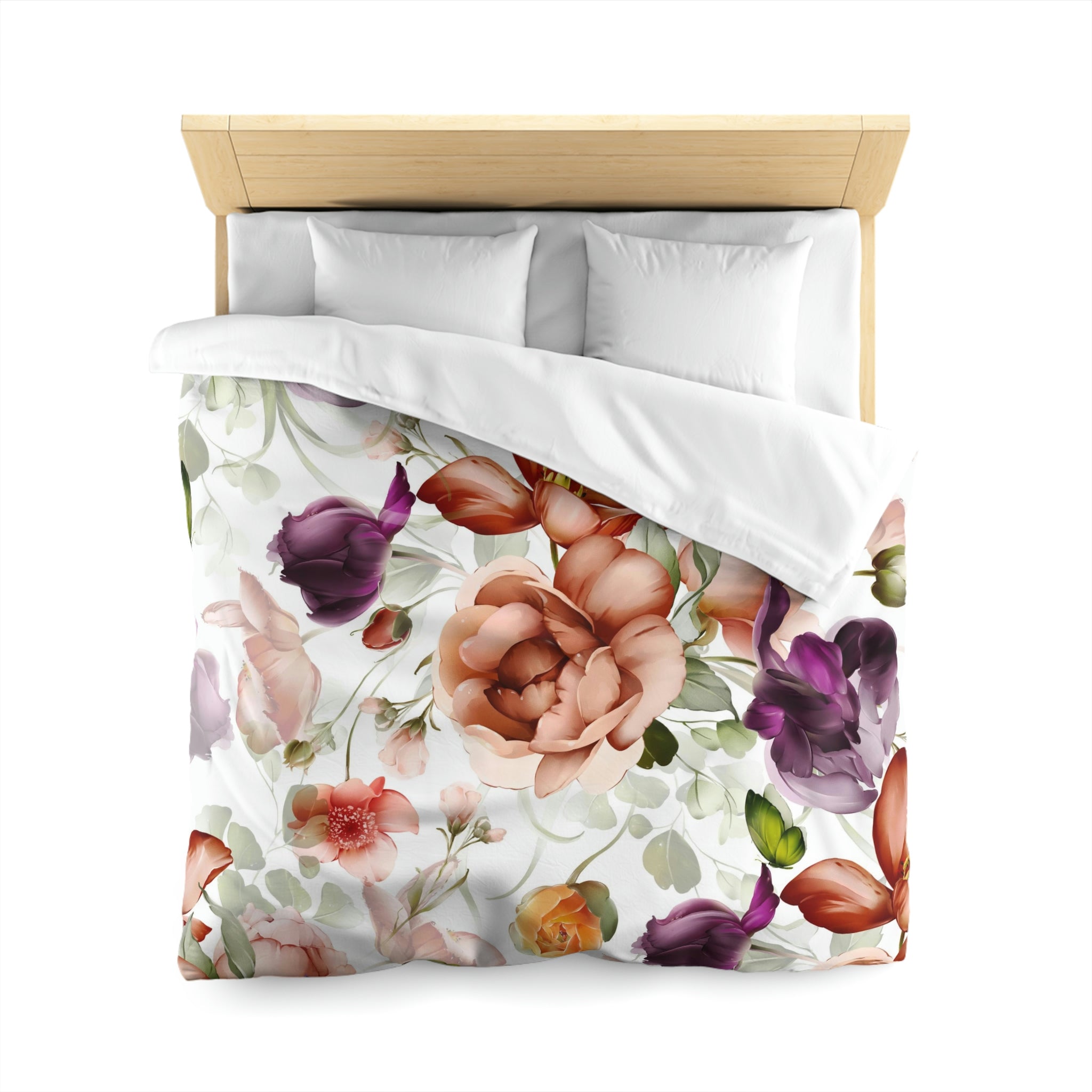 Floral Duvet Cover | White Purple Rust Peonies Garden