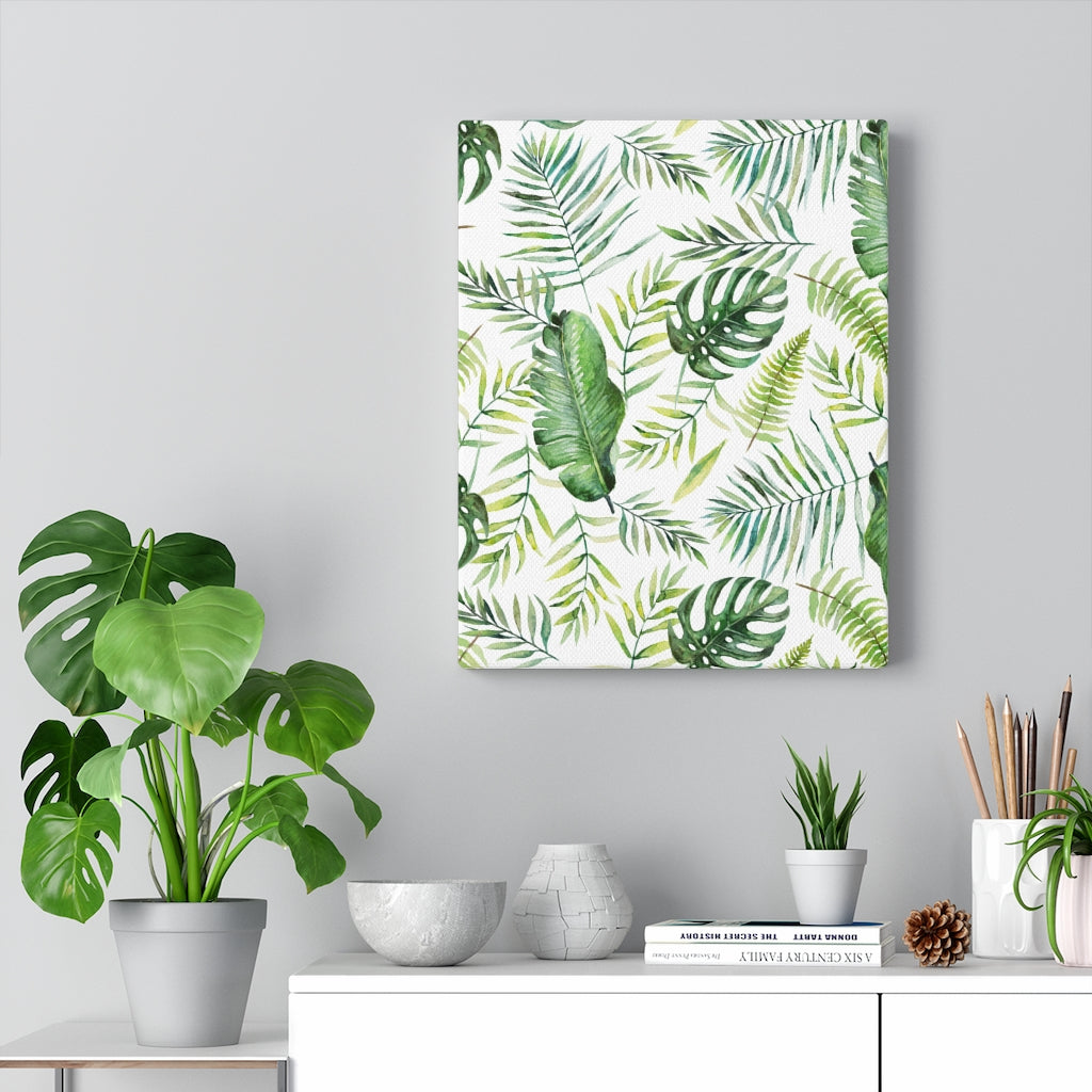 FLORAL CANVAS ART | White Green Yellow Jungle Leaves