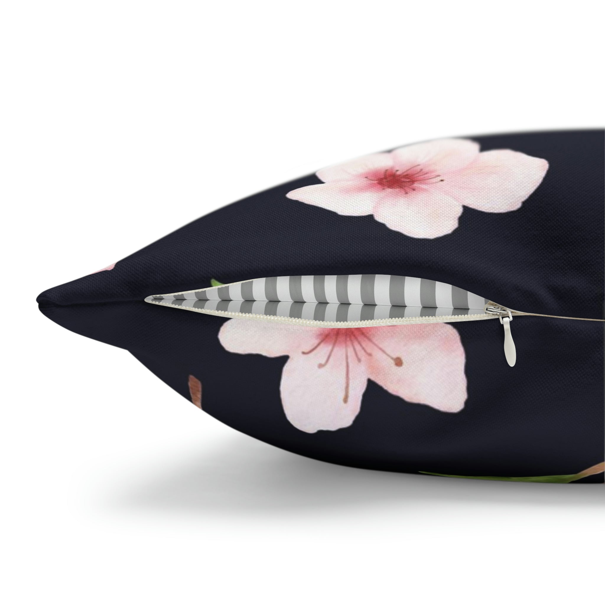 Floral Boho Pillow Cover | Pink Sakura, Green Bird, Black