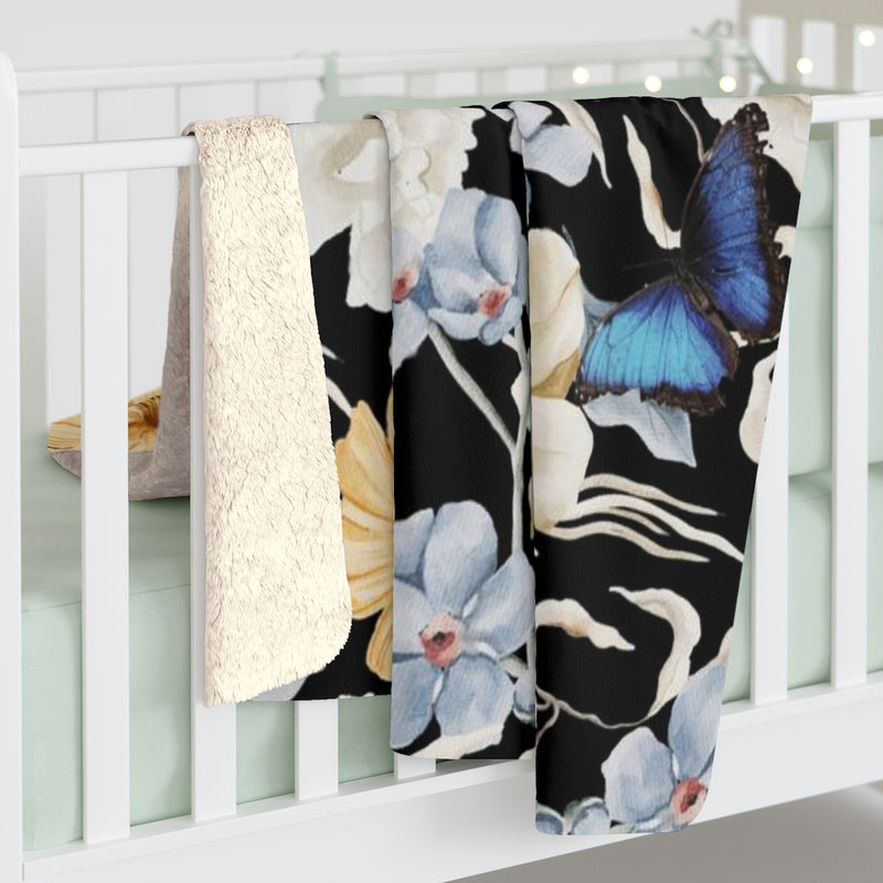 Floral Comfy Blanket | Black Blue Butterflies